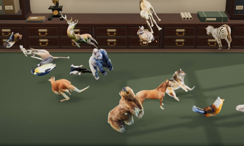 The natural-history room's table with the animals named so far tumbling onto it as figurines: a bear, a gorilla, a kangaroo, a deer, a zebra and a fox.
