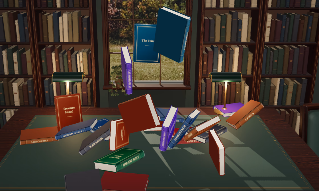 The reading room with two dozen named books landing in a pile on the table, among them Treasure Island, The Trial and War and Peace.