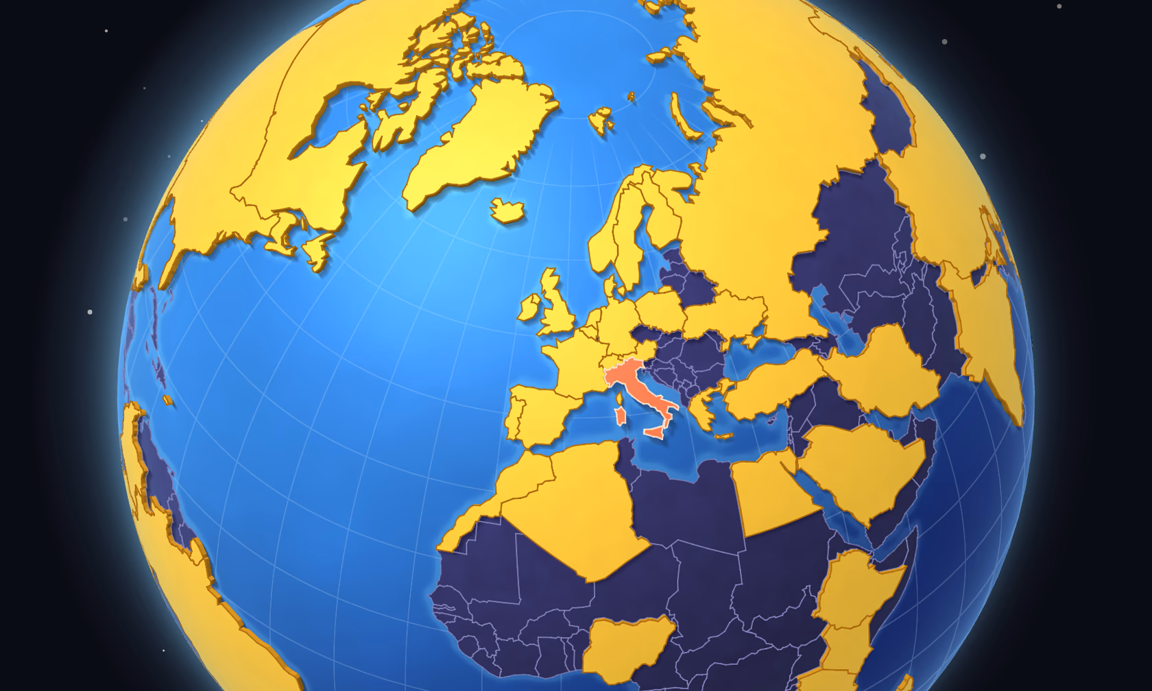 The globe turned to Europe and Africa with 49 countries raised in gold, Italy just named.