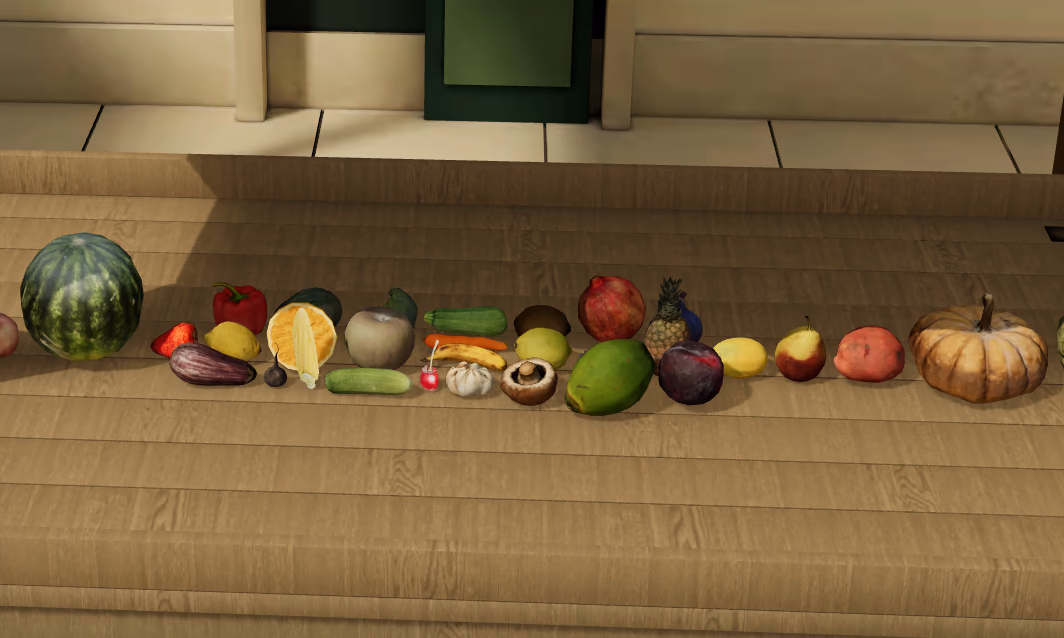 The market stall with the produce named so far laid along it, from a watermelon and peppers to a pineapple and a pumpkin.