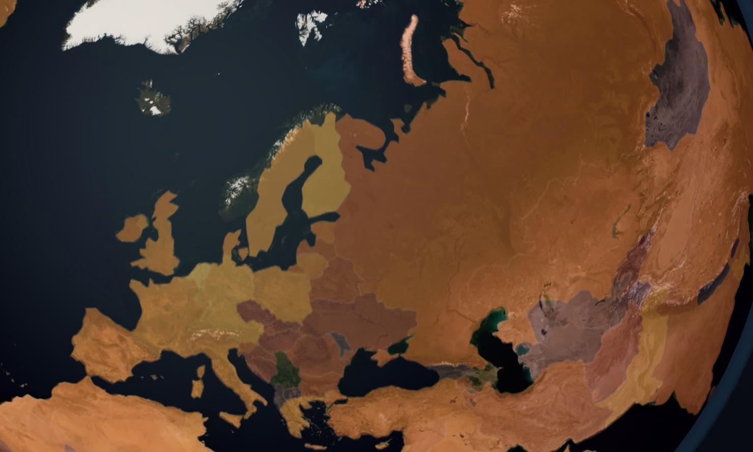 The Earth seen over Europe and Asia, its land warmed orange where the thirty languages named so far are spoken.