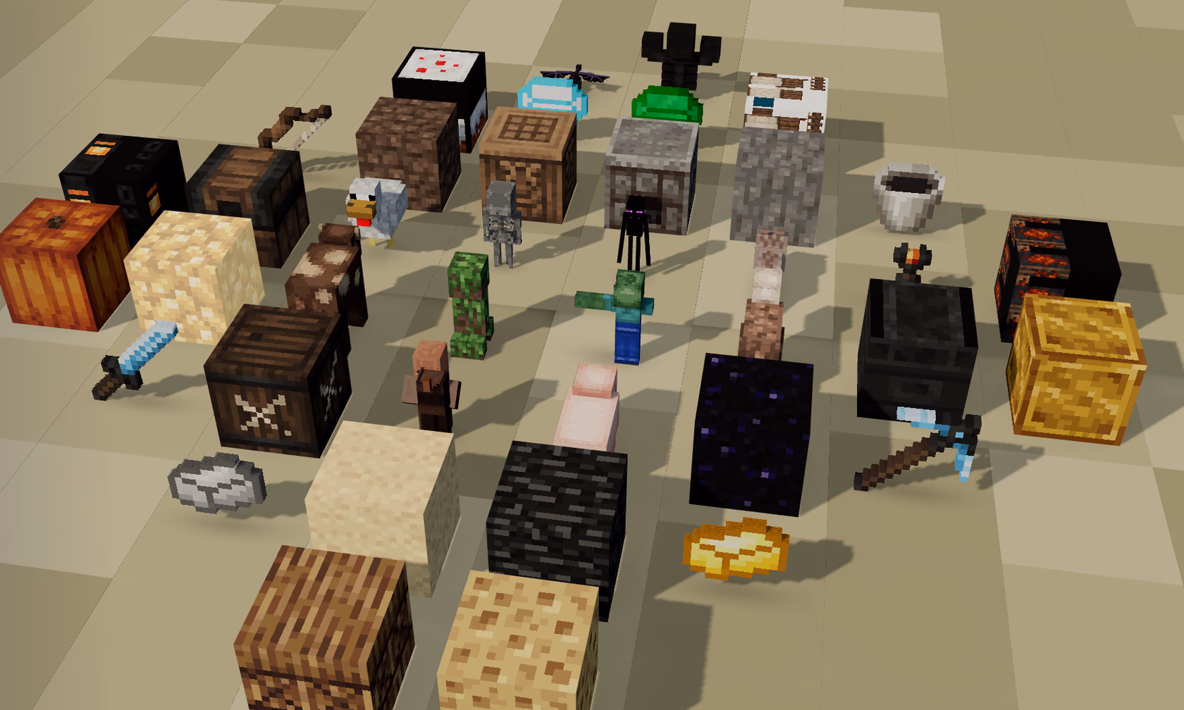 Forty named blocks, mobs and items standing on the island, among them a creeper, a zombie, a furnace and a diamond sword.