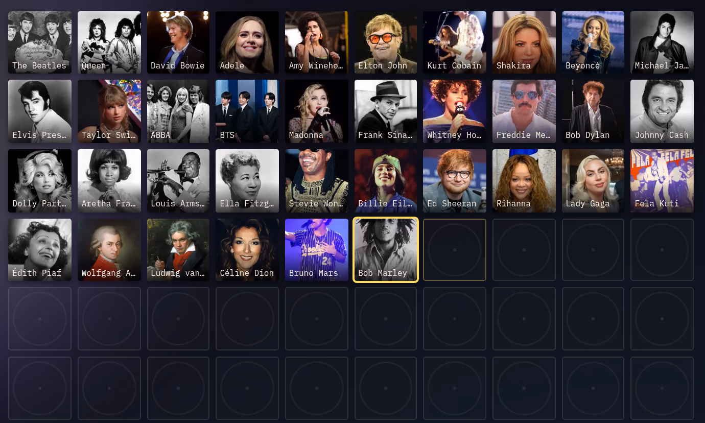 The record wall with a sleeve for each of the 36 musicians named so far, each their photograph, from the Beatles and Queen to Mozart and Bob Marley, and the rest of the wall still empty.