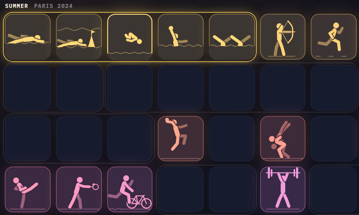 Part of the pictogram wall: the five aquatics disciplines framed in gold, and moving figures for archery, athletics, judo and weightlifting.